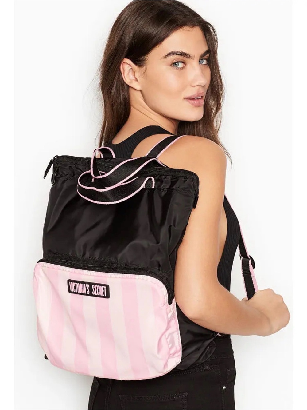 Victoria's Secret Black Backpack with Pink Striped Front Pocket